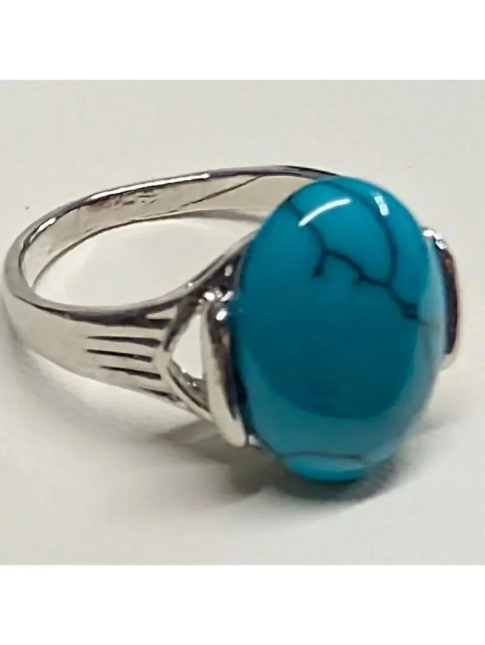 New Oval Faux Turquoise Cabochon Ring Plus Size 9 Silver Tone Blue Stone Marbled